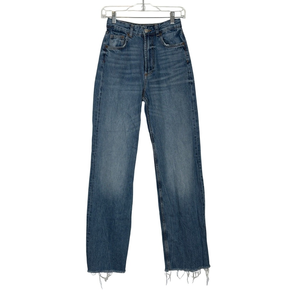 Zara Straight Leg Jeans Women Size 2 Blue High Waisted Raw Hem Casual Denim